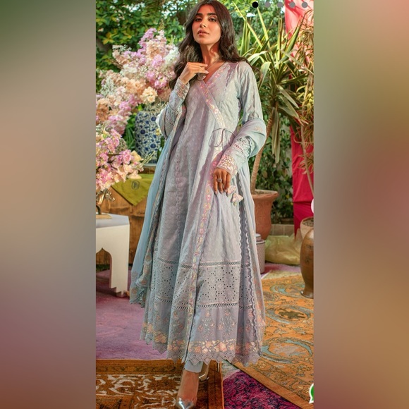 Ansab Jahangir Other - Ansab Jahangir Sky Blue Floral Embroidered Anarkali 3-Piece Size S | Pakistani